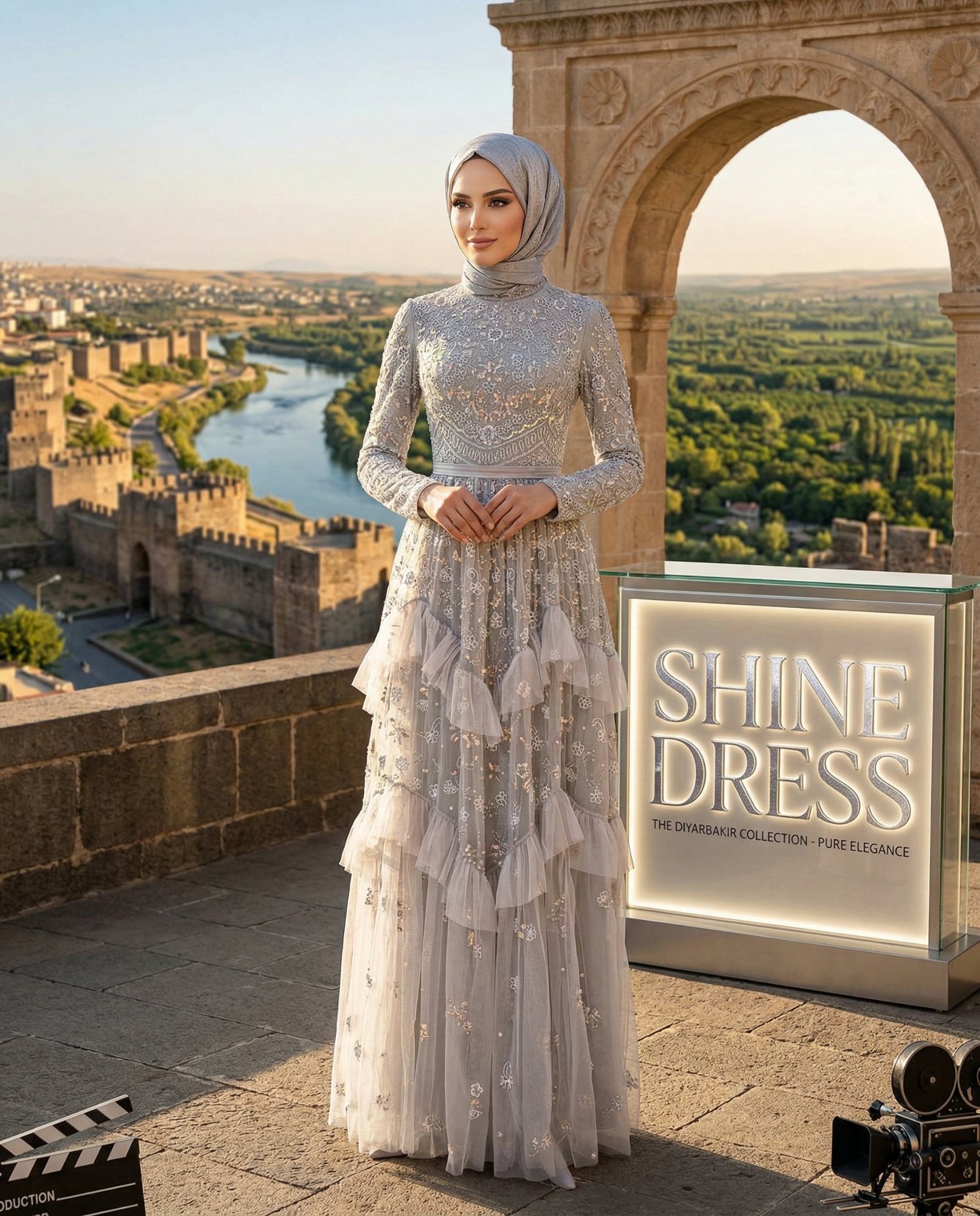 Diyarbakır Tesettür Abiye Kiralama - Gümüş İşlemeli Kapalı Abiye | Shine Dress